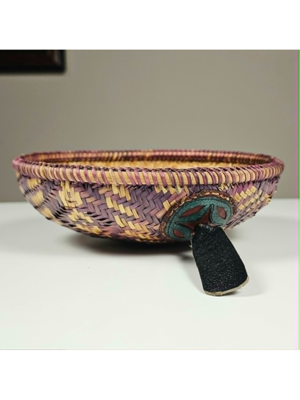 Vintage Hand-Coiled Southwestern Decorative Basket Bowl with Leather Medallion